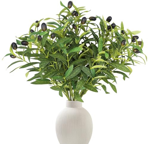 ADORAMOUR 6Pcs Realistic Artificial Olive Branches Fake Greenery Home Decor | 45cm Length Lifelike Faux Plant Stems with Black Olives for Vase, Wedding Table, Kitchen, Modern Farmhouse & Indoor Display
