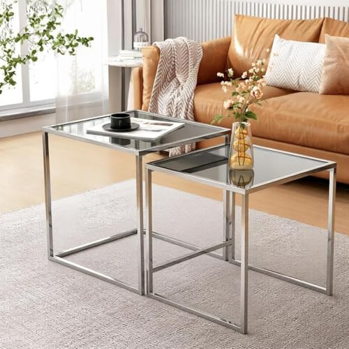 Rainbow Tree Set of 2 Glass Nesting Coffee Tables for Living Room, Square Grey Nest of 2 Nested Tables Sofa Side Table Coffee Table End Tables Space Saving
