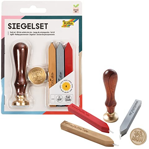 folia 31019 – Sigillset med två sigillmotiv, ett trähandtag och sigillvax i 3 färger, för elegant dekoration av kort och inbjudningar