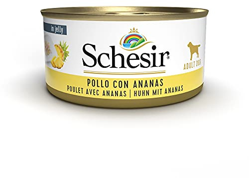 Schesir, Alimento Húmedo para Perros Adultos Sabor Filetes De Pollo con Piña Preparado En Gelatina con Verdaderos Trozos De Fruta - Total 2,7 Kg (18 Latas De 150 G)