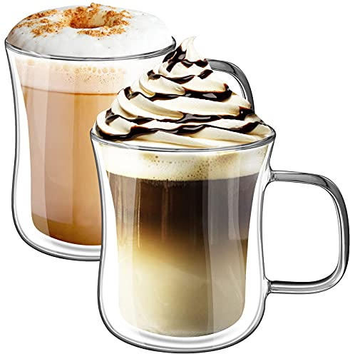 KAMEUN Tazas de Café de Cristal, 2 * 350Ml Vasos de Doble Pared con Asa, Taza de Vidrio Borosilicato para Té, Café con Leche, Capuchino, Espresso, Jugo, Agua