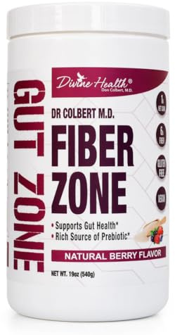 Dr. Colbert, MD Fiber Zone Powder | Berry Flavor | by Divine Health | Prebiotics | 6g Soluble & Insoluble Fiber | Psyllium Husk & Inulin | Recommended in Keto Zone Diet & Gut Zone | 19oz | 60 Servings
