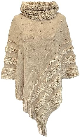 Rayson Poncho Mujer con Flecos Invierno Cálido Punto Capa de Cuello Alto Elegante aplicación de Perlas Jersey Pullover（Caqui）