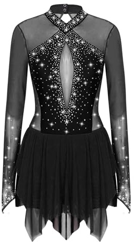 iEFiEL Glitzer Eiskunstlauf Kleid Damen Langarm Kürkleid Strasssteine Rollkunstlaufkleid Leotard Tanzanzug Wettbewerb Tanzkostüm Xb Schwarz L