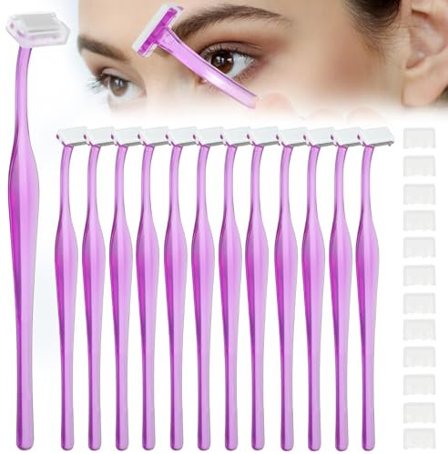 Thinp Eyebrow Razor - 12 Mini Portable Stainless Steel T Shape Shavers for Women's Eyebrow Trimmer WITH Cover (Purple)