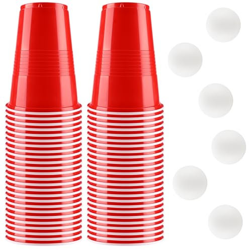 Bierpong Becher Set, Beer Pong Becher Enthält 6 Tischtennisbälle und 50 Becher, 500ML Beerpongbecher, Wiederverwendbare Partybecher für Weihnachten Party Geburtstag Festivals Hochzeit Camping(Rot）