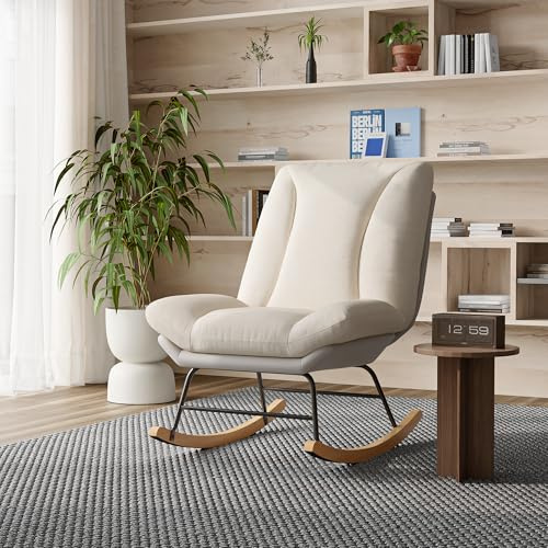 Fauteuil à Bascule, Chaise à Bascule, Fauteuil Bascule de Relaxation, Chaise de Lecture à Dossier réglable, Chaise Allaitement rembourré, Antidérapants, pour Salon, Chambre, Balcon (Beige+Gris B)