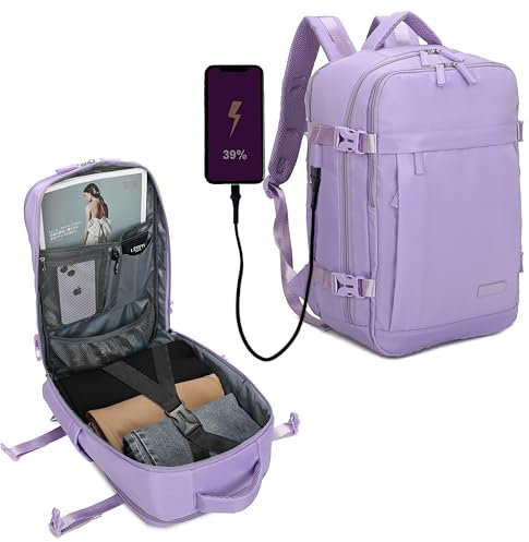 RAYKONG Mochila Cabina Ryanair 40x20x25cm (20L) | Mochila Viaje Avion Impermeable Compatible con Portátil 14 Pulgadas con Orificio de cable | Equipaje mano Alta Resistencia|Mochila Multiuso| Lila