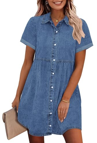 GRAPENT Denim Dress for Women Babydoll Tiered Short Sleeve Button Down Jean Shirt Dresses Medium Blue Summer Teacher Outfits Country Concert Casual Dresses Fall Fashion X-Large Over Size 16 to 18