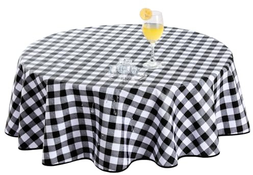 Romanska stilar vaxduk utomhusduk väderbeständig rund 120 cm liten svart rutiga, PVC-dukar, 100 % vattentät för trädgård, terrass, balkong, fest, födelsedag, barn, trädgårdsbord