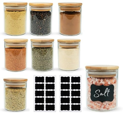 LATRAT Lot de 8 Bocaux à Épices Ronds en Verre de 250 ml avec Couvercle en Bambou - Boîte de Conservation pour Café, Thé avec Étiquettes