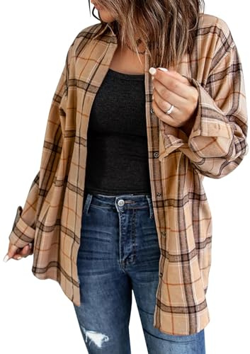 Fisoew Långärmad rutiga blusar för kvinnor, flanell-button down jackor, casual, långärmade tröjor