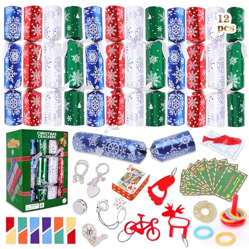 12 Pack Christmas No Snap Party Table Favor Decorations Christmas Poppers Crackers with Snowflake Design, with Party Hat, Joke & Surprise Toys Inside, for Xmas Seasonal Holiday Dinner Traditions