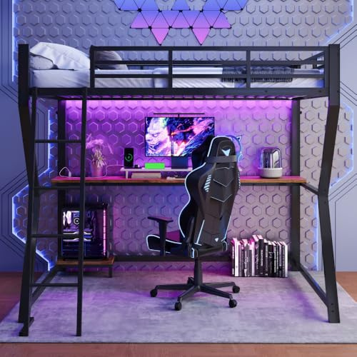 Zepneiy Lit Mezzanine 2 Places 140x200 avec LED et USB, Lit Enfant en Métal avec Bureau et étagère, Lit Mezzanine Enfant avec Console d'ordinateur et Escalier, Lit en Hauteur Structure en Fer, Noir