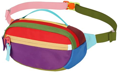 Retro Fanny Pack for Women Men Hiking Waist Packs 2 Pockets Color-blocking Belt Bags for Festival 80s 90s Theme Party Running Traveling (Purple)