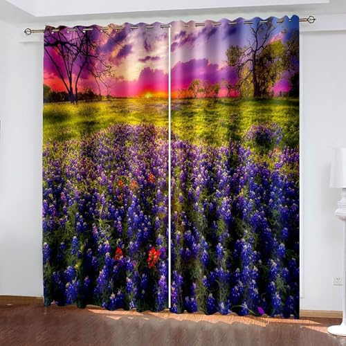 Wycian köksgardiner öljettgardin grön lila gul 2 polyester solnedgång och lavendelfält H 160 x B 132 cm för sovrum
