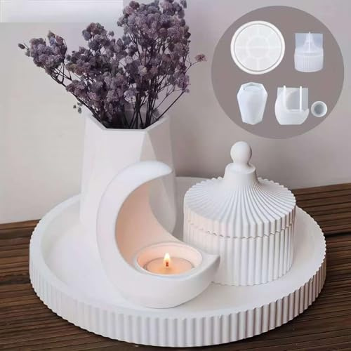 4 Pack Silicone Molds, Resin Molds for Storage Box, Candle Holder | Round Tray and Faceted Vase Molds for Resin, Concrete, Wax DIY Crafting and Home Decor Projects
