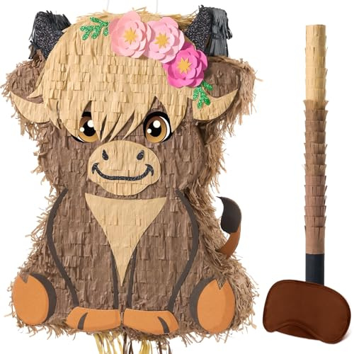 WERNNSAI Highland Cow Pinata - Cute Scottish Cattle Pinata with Stick and Blindfold for Farm Party Decorations 1st Birthday Supplies Fluffy Cow Animal Theme Party Decoration