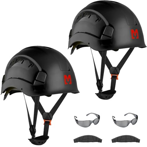 Mustbau Casco de Seguridad, Casco de Protección EN397 con Gafas Antivaho, Diadema Ajustable de 53 a 63cm, Material ABS Resistente para Hombres Mujeres (Negro-2)