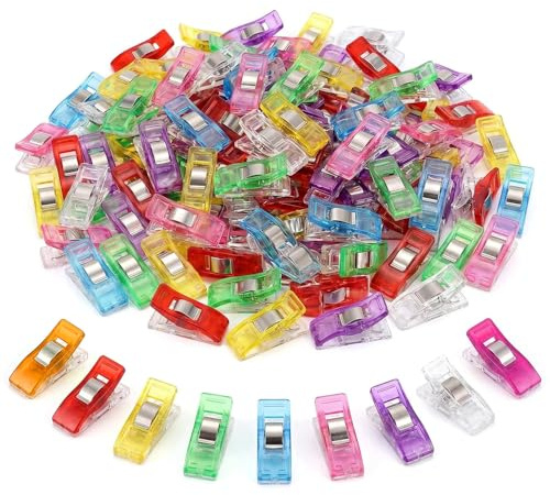 100 Pcs Sewing Clips for Fabric, Quilting & Binding, Assorted Colours | 100 polycarbonate clips with stainless steel springs, seam guides at 5, 7 and 10mm, gripping layers without pinholes
