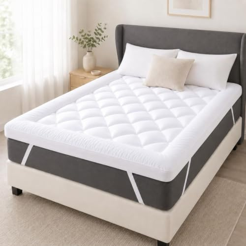 Diva Home & Textile10cm Thick White Mattress Topper Double Bed 1200GSM Hollow Fiber Fill Back Support Hotel Quality Microfibre Diamond Quilted Toppers Strong Elastic Straps (White, Double)