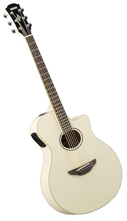 YAMAHA APX600 Guitarra Electroacústica – Cuerpo Estrecho Thinline, Escala 25”, previo System 65, Ecualizador de 3 Bandas, Afinador Integrado, Boca Ovalada – Blanco Vintage