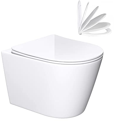 doporro Inodoro Suspendido de Cerámica Blanco – Taza Sin Reborde, Asiento con Cierre Suave, Diseño Moderno Montaje Mural, Fácil de Limpiar, 36x48x36 cm, Aachen108-kurz