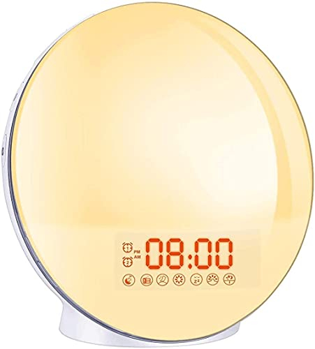 Lampes de Réveil,Cadrim FM Radio Réveil Horloge Dual Alarme,7 Couleurs,8 Type Sonneries,Fonction Snooze,Simulation Lever/Coucher du Soleil,Lumière Réglable avec Chargeur