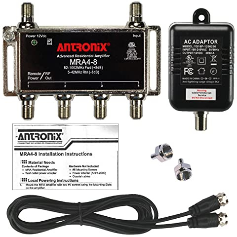 Antronix MRA4-8 Reliable Cable 4-Port TV/Antenna/HDTV/Internet Digital Signal Amplifier/Booster/Splitter with Passive Return, Black Coax Power Cable, F59 Terminators