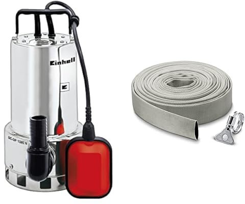 Einhell Pompe d’évacuation pour eaux chargées GC-DP 1020 N (1000 W, Profondeur 5 m, Câble 10 m, Corps en INOX) & Kärcher 2.997-100.0 KIT TUYAU PLAT EN TEXTILE 10M ET COLLIER DE SERRAGE, Gris
