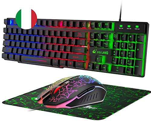 LexonElec T13 Nero IT Layout QWERTY Tastiera e Mouse da Gioco, USB Cablato Retroilluminato LED RGB Arcobaleno 19 tasti non conflittuali, 6 Tasti 2400 DPI colorato Mouse, per Laptop PC Linux PS4 Xbox