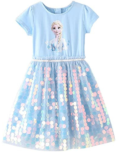 BOJON Elsa Robes Tulle Robe d'été à manches courtes Reine des Neiges Princesse des Neiges Costume pour fille (sans boucle de cheveux), bleu, 120 Große Größen
