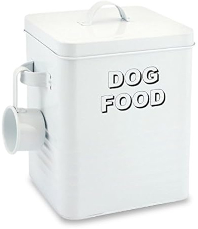 HOMION Metal dog food tin pets food storage box container canister lid with scoop (White)