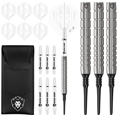 KOTO - Kingfly V1 Soft Tip Darts 18 G, Silber, 45.0x6.35mm Inkl. 3 Barrels, 2 Sets Flights + Schäfte & Dartwallet, Firm Ringgrip