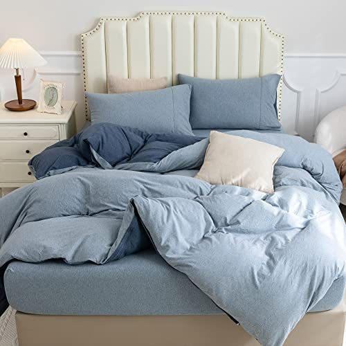 PURE ERA Jersey Knit Duvet Cover Set Heather Navy/Blueish Grey Queen