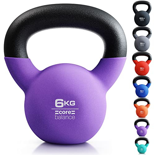 Core Balance 6kg Kettlebell Weight Cast Iron Neoprene Coated Heavy Duty Strength Training (Purple)