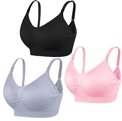 COLOMI 3 st moderskap amnings-bh sömlös amnings-bh för amning och sömn utan bygel för kvinnor, Svart+grå+rosa/3-pack, XL