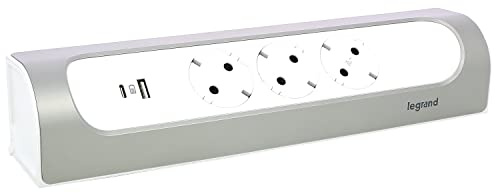 LEGRAND, Ecksteckdosenleiste, 45°abgewinkelt, 3-fach Steckdose, USB-A- und USB-C-Anschluss, 3000mA - 5,0V -15 W MAX, Wand- und Tischmontage, ohne Kabel, Ultraweiß/Aluminium, 694504