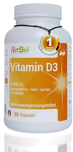 HerbBio Vitamin D3 hochdosiert 90 vegetarische Kapseln reich an 5.000 i.E - 2 Jahren Vorrat - Vitamin d hochdosiert - Hergestellt in Deutschskelnland
