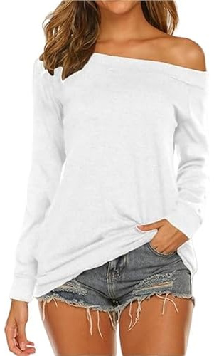 Rongseng Maglietta a Maniche Lunghe da Donna Sexy Maglia Spalle Scoperte Morbida Magliette Tunica Top Elegant Camicetta Pullover off Shoulder Tinta Unita T-Shirt Moda Casual Streetwear