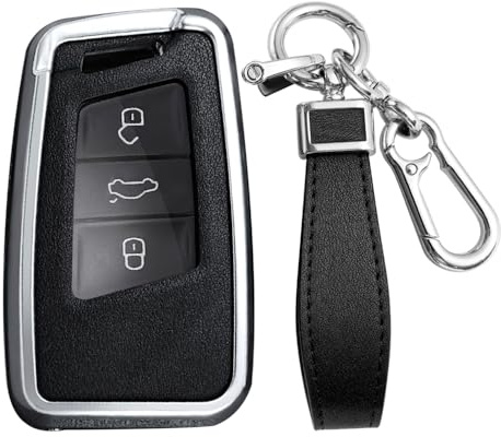 KUNIO Bilnyckelfodral passar VW Magotan Passat B8 CC Tiguan MK2 Jetta passar för Skoda Superb A7 Kodiaq Keyless skyddsfodral metall nyckelskydd fodral nyckelring, A silver svart, Nur keyless Go