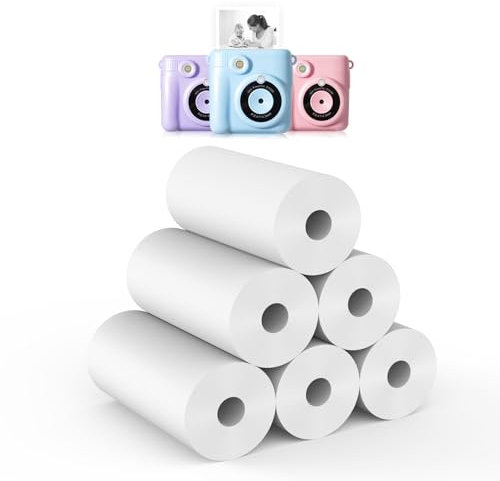 6 Rollen Thermopapier Kinderkamera - Hikkon Druckpapier für Kinder Druck Kamera,56 mm Sofortbildkamera Kinder Druckpapier Null Tinten Nachfüllpapier(Weiß-6)