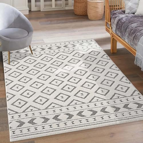 carpet city Tapis à poils courts Gris, Crème - 120x170 cm - Tapis de salon motif profond et haut, effet 3D - Motif losanges - Revêtement de sol à poils plats, décoration pour la chambre à coucher