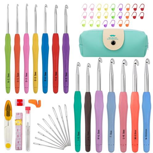 53 Stück Häkelnadel Set 14 Größe Häkelnadeln, Häkelset für Anfänger Erwachsene Kinder, Aluminium Häkel Set mit Silikon Griff Häkeln Stricknadeln Häkeltasche, Crochet Kit Stricken Nadeln Häkelzubehör