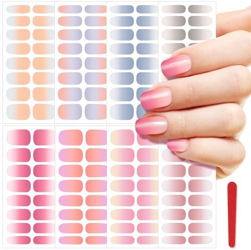 JSRQT Lot de 8 autocollants de vernis à ongles dégradés de couleur unie pour ongles - Pour manucure au doigt - Avec lime - Décoration à faire soi-même pour femmes et filles