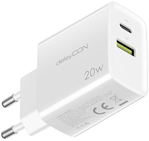 deleyCON Ladegerät USB A und C (2 Port - Schnellladegerät) USB Netzteil für iPhone 17/16/15/14/13/12/11 iPad Galaxy S25/S24/S23 Pixel Handy PD 3.0 Charger - Weiß