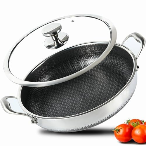 CYRDER Large Hybrid Nonstick Deep Frying Pan-13inch 316L Stainless Steel Sauté Pan and Lid, Two Handle Hold, PFOA Free, Dishwasher Oven Safe, Cookware to Stir fry/Toast/Roast/Bake/Stew, 7.2-Quart
