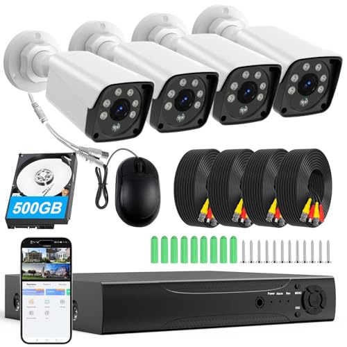 H.265+ Wired Security Camera DVR Kit System with AI Human Vehicle Detection, 4X 1920P 5MP IP67 Metallic Indoor/Outdoor Cameras IR Night Vision, 4K NVR 500GB HDD Included for 24/7 Recording