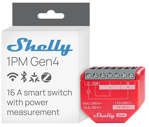 Shelly 1PM Gen4 – WLAN Smart reläbrytare, strömmätare, 1 kanal, 16A, ljusströmbrytare, uppvärmning, Smart Home, timer, Alexa & Google, Matter, Zigbee, ingen hubb krävs
