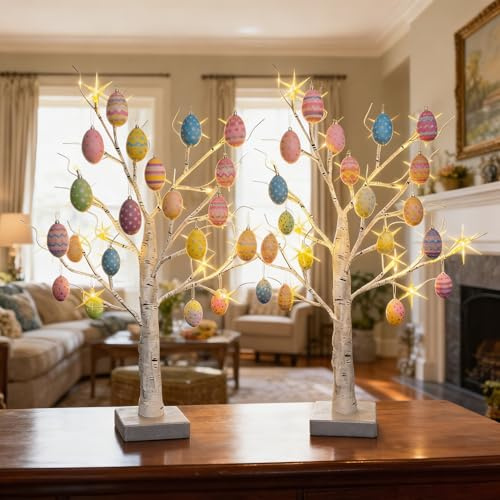 HipTree 2-Pack Lighted Patriotic Spring Mothers Day Christmas Tree Decorations Indoor, 2ft Birch Tree with LED Lights, Small Tabletop Easter Valentines Day Tree with Lights,Battery- Powered